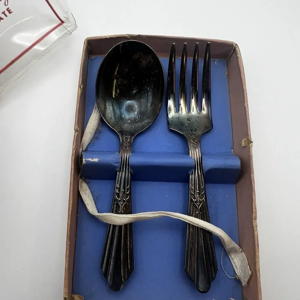 National Silver Co Baby King Silverplate EPNS Baby Spoon Fork Educator Set Box